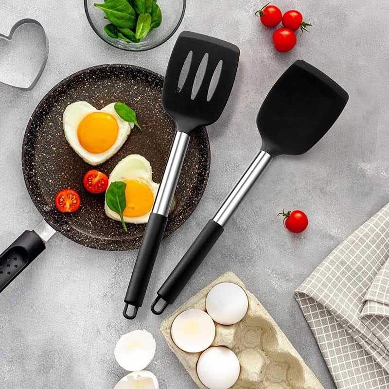 4-Piece Silicone Cooking Utensils Set, Heat Resistant Non-Stick Kitchen Utensils with Stainless Steel Handle, Slotted... - Image 5