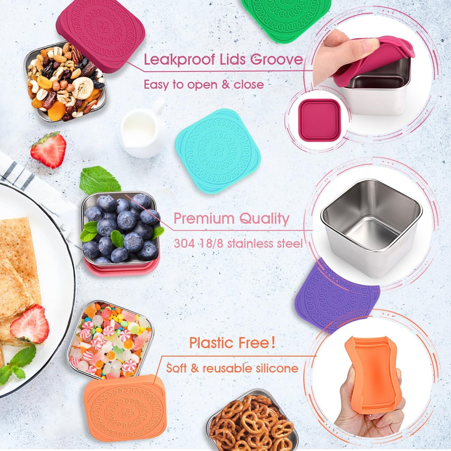 Hnrifc 6Pack 6oz Stainless Steel Snack Containers, Easy Open Leak Proof Food Storage with Silicone Lids, Stackable Small Portion Lunch Box f - Image 4