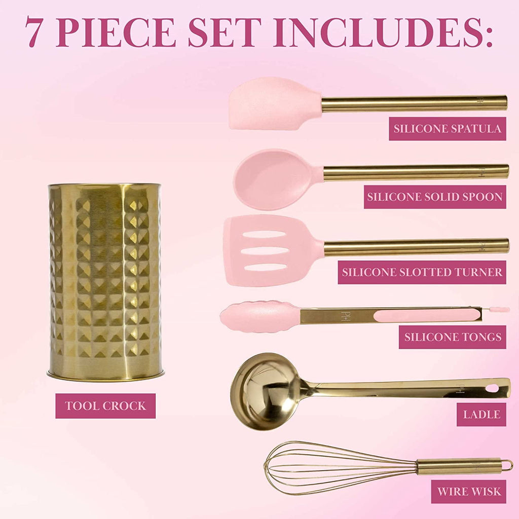 Kitchen Set Tool Crock with Silicone Cooking Utensils, Stainless Steel Whisk and Ladle, 7-Piece, Pink and Gold - Image 4