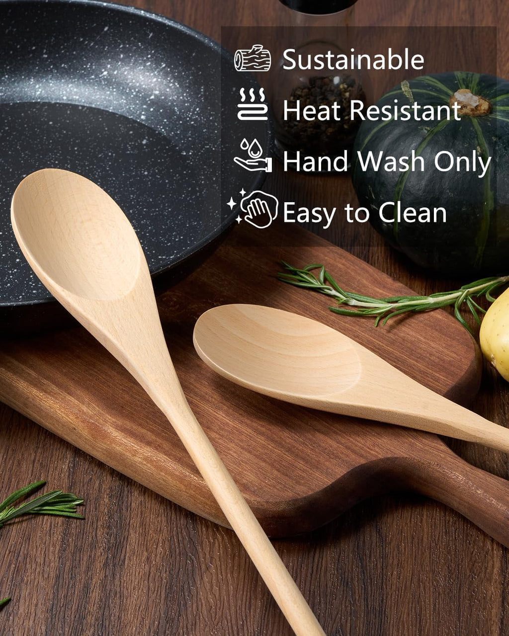 5Pcs/ 12Pcs Wooden Spoons for Cooking, 12 Inches Long Handle Spoons for Mixing, Tasting Stirring Food, Large Wooden C... - Image 5