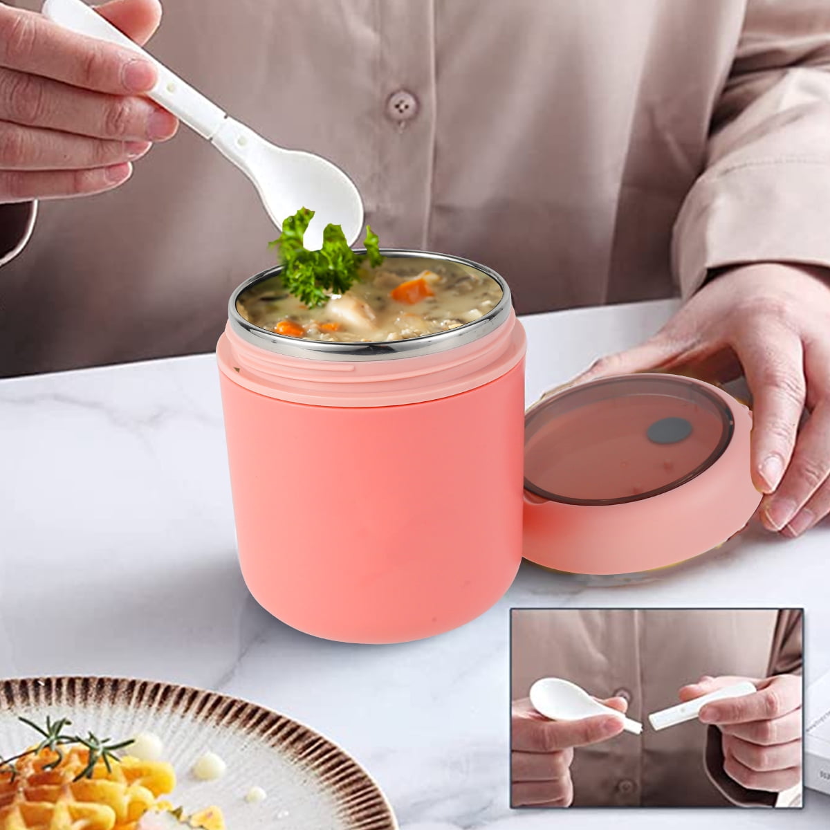Food Jar For Kids with Foldable Spoon 17.9 oz Stainless Steel Thermal Food Container Food Thermos(Pink) - Image 5