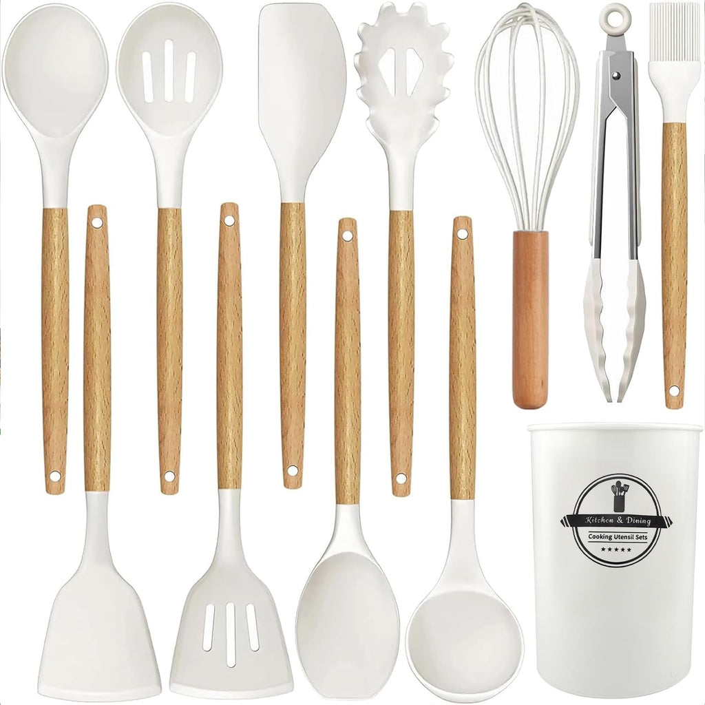 Set, 12 packs Non-Stick Silicone Kitchen Spatula Set with Wooden Handles and Holder, Heat Resistant Food Grade Kitche...