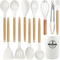Set, 12 packs Non-Stick Silicone Kitchen Spatula Set with Wooden Handles and Holder, Heat Resistant Food Grade Kitche...