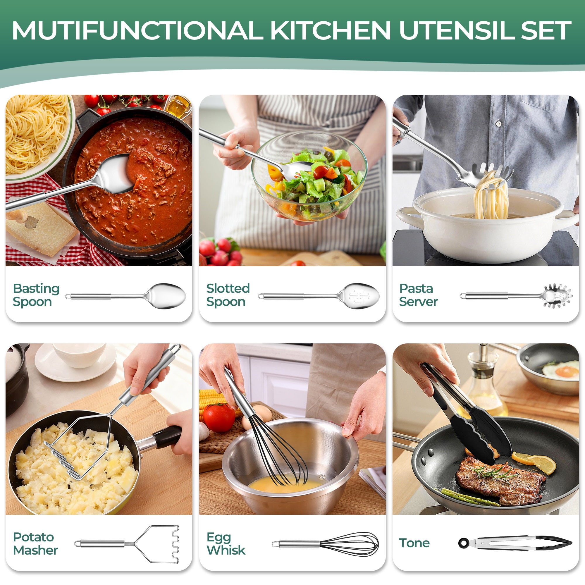 Stainless Steel Kitchen Utensils Set, 21 PCS Cooing Utensils Set With Holder, Metal Kitchen Gadgets Cookware Tools fo... - Image 3