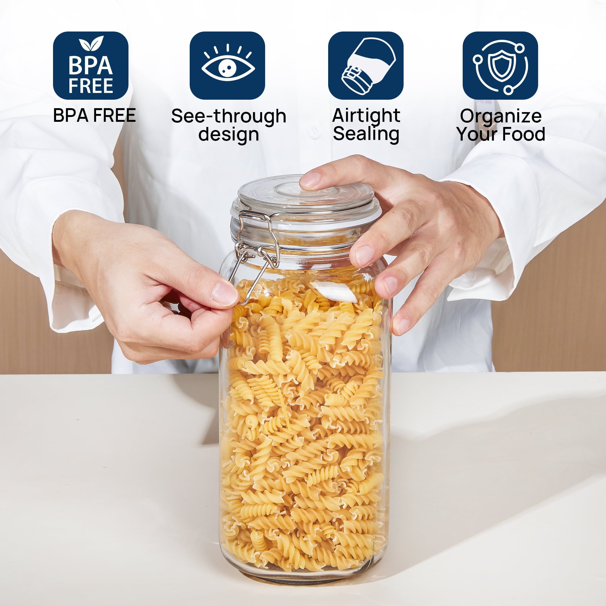 3 PCS Airtight Glass Jars with Lids, 3 PCS Food Storage Canister, Square Mason Jar Containers, 78oz*1+50oz*2 - Image 4