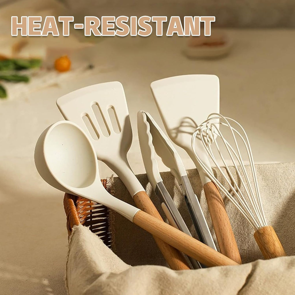 Kitchen Cooking Utensils Set, 33 pcs Non-stick Silicone Cooking Kitchen Utensils Spatula Set with Holder, Wooden Handle Silicone Kitchen Gad - Image 5