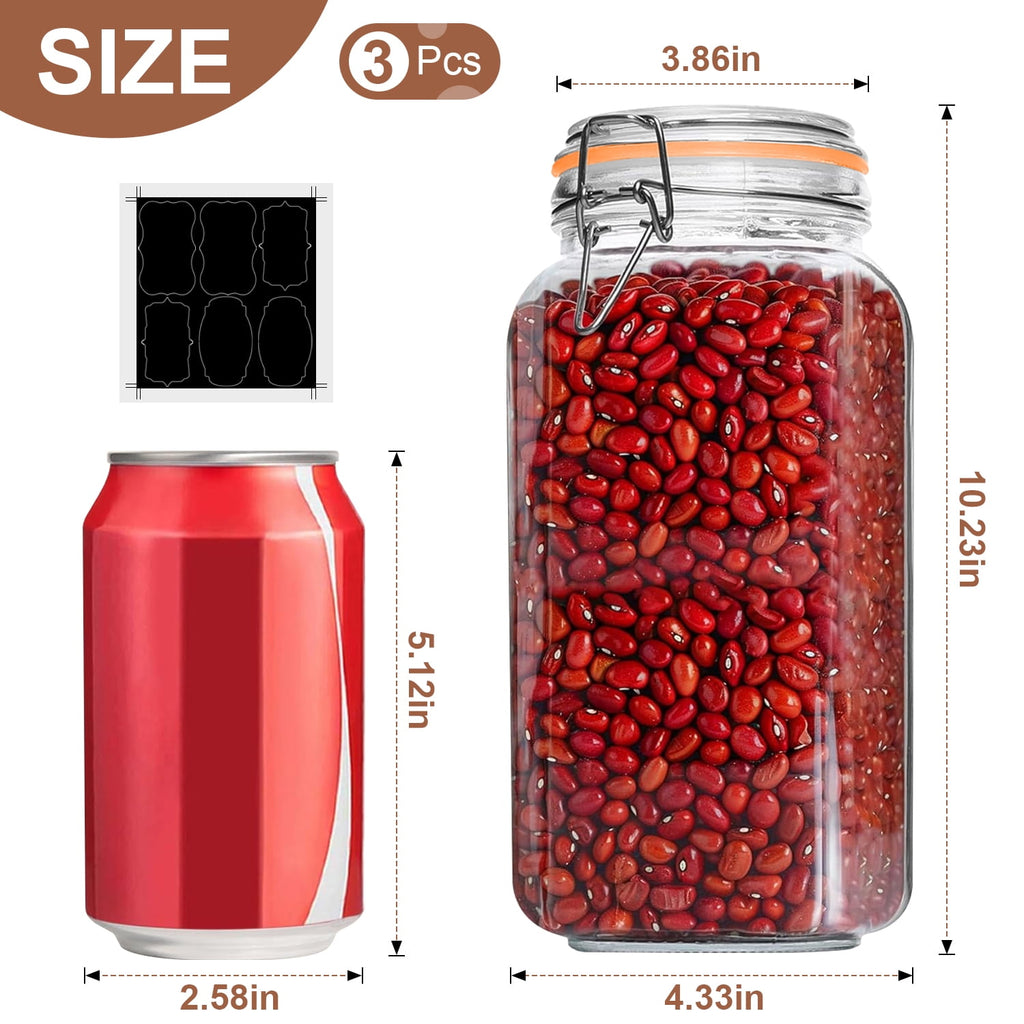 78oz Glass Jars with Airtight Lid : 3 Pack Large Food Storage Container with Labels, Clear Canister for Flour, Sugar,... - Image 6