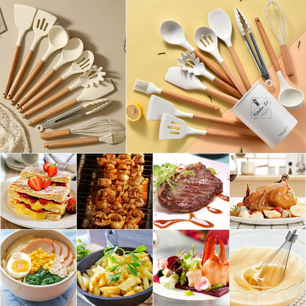 Set, 12 packs Non-Stick Silicone Kitchen Spatula Set with Wooden Handles and Holder, Heat Resistant Food Grade Kitche... - Image 6