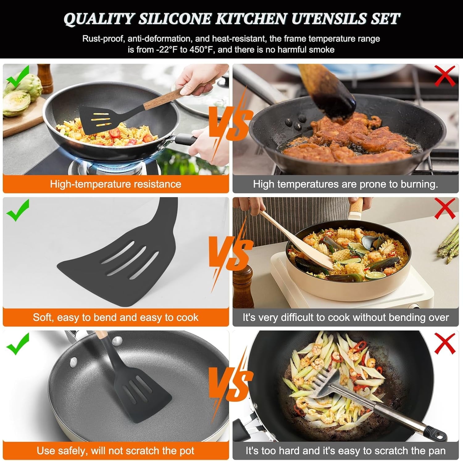 NEPIVEL Silicone Cooking Utensils Set, 12Pcs  446°F Heat Resistant Kitchen Utensils, Silicone Kitchen Utensils for Cooking Wooden Handles, K - Image 2