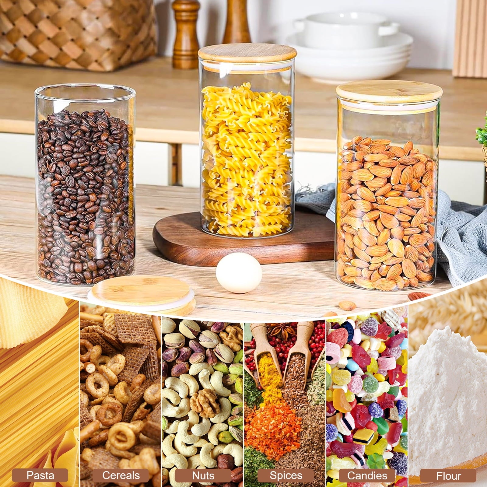 Glass Jar with Bamboo Lid: 6 Pack 25oz Airtight Food Storage Containers, Kitchen and Pantry Organizer for Coffee, Sug... - Image 2