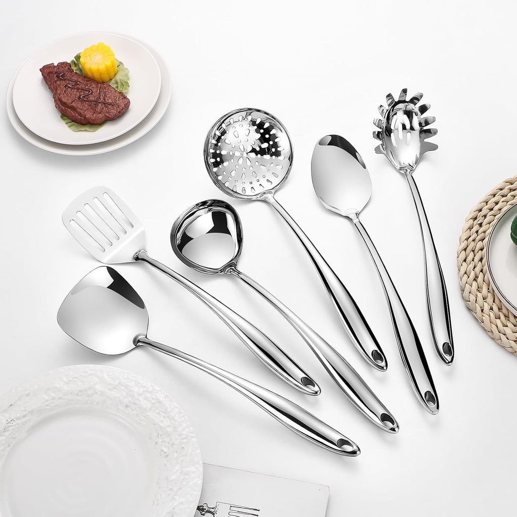 304 Stainless Steel Cooking Utensils Set,6 Pcs Long Metal Kitchen Utensils Set with Spatula, Solid Spoon, Ladle, Skim... - Image 6