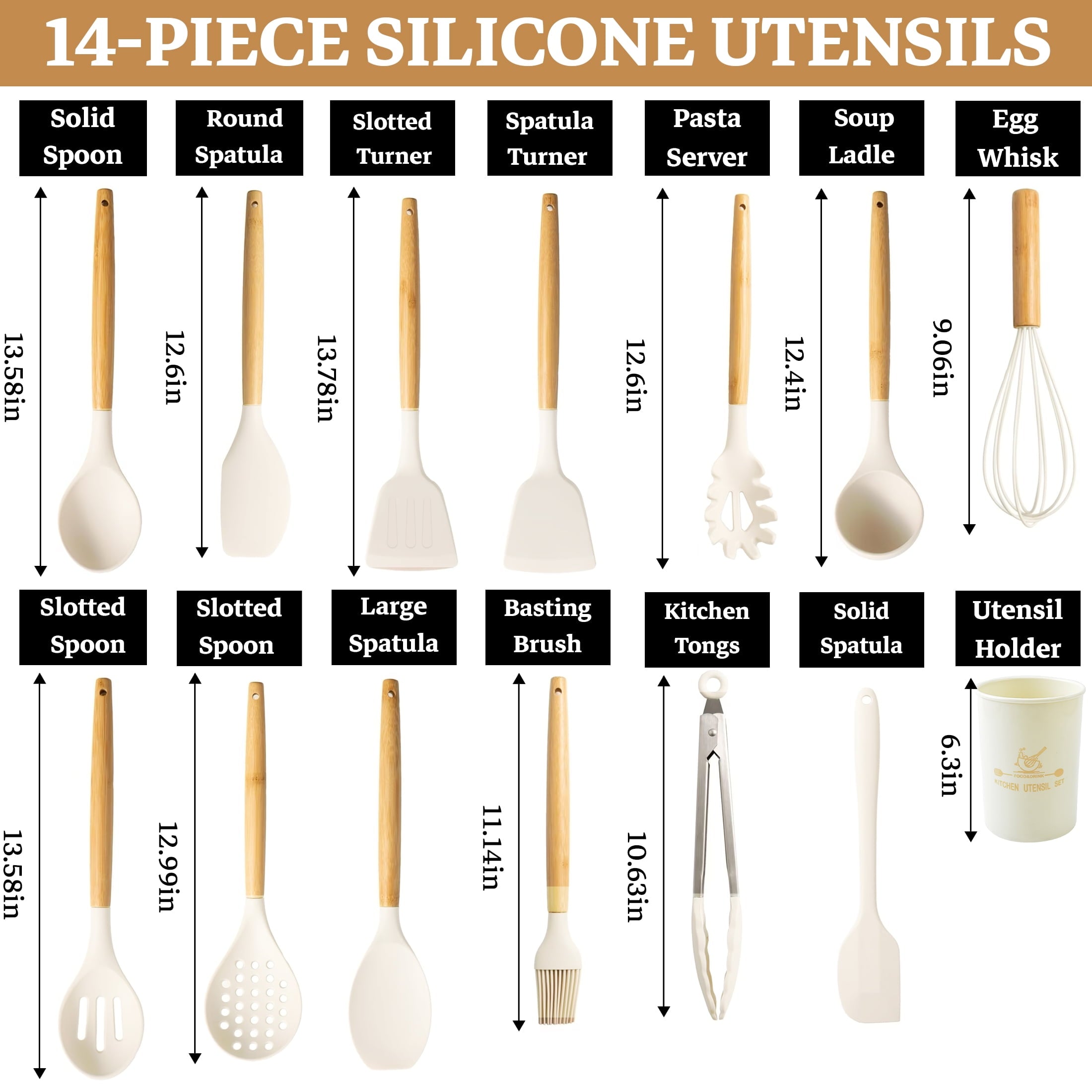 14-Piece Silicone Cooking Utensils Set, Non-Stick Kitchen Utensil Set for Baking, Flipping, Mixing, White - Image 2