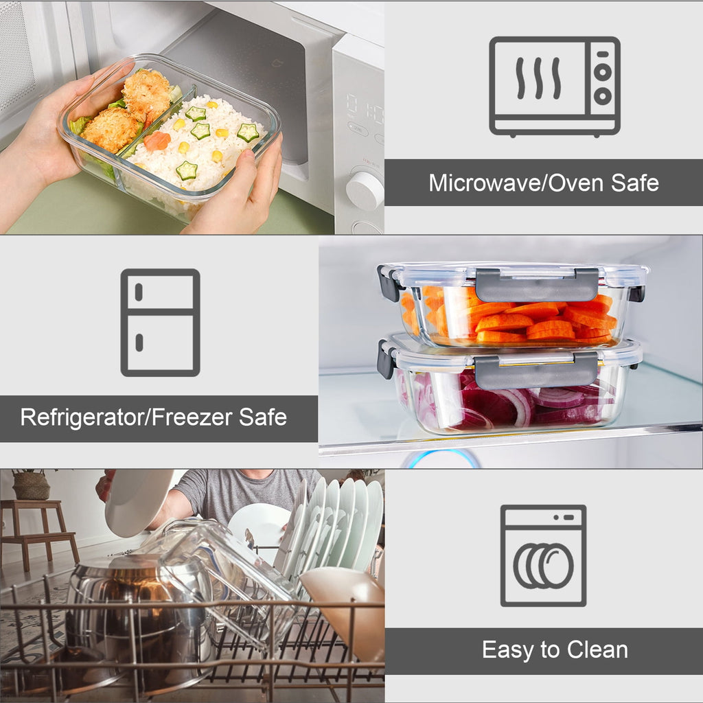 8 Pcs Glass Food Storage Containers with Lids, 2 & 3 Compartment Glass Airtight Meal Prep Containers (4 Containers & ... - Image 6