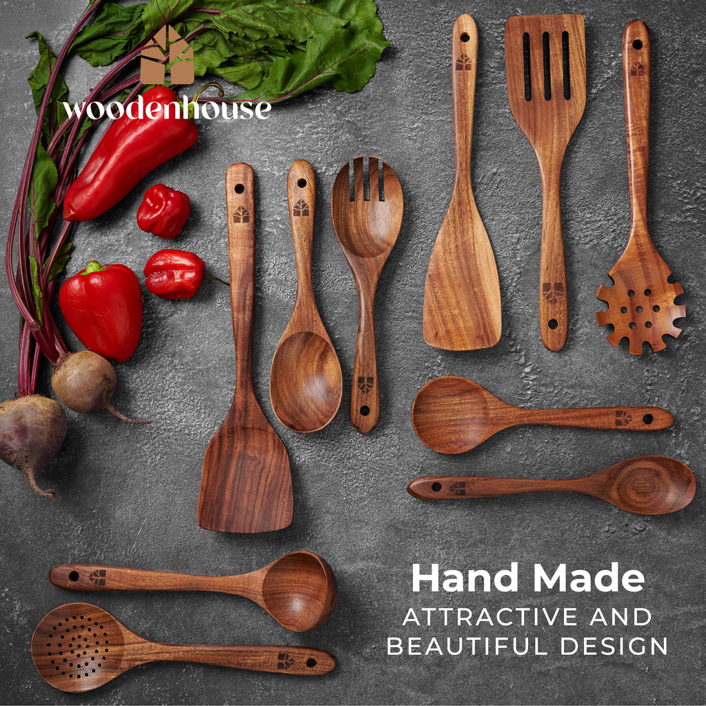 Wooden Spoons for Cooking, 10 Pcs Wooden Cooking Utensils Set Wooden Utensil Set for Nonstick Pans & Cookware - Image 6