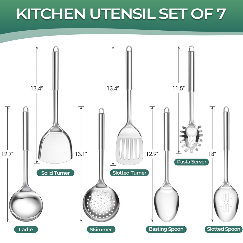 Kitchen Utensils Set, 7 PCS Stainless Steel Cooking Tools, Metal Kitchen Tools Set, Heat Resistant & Dishwasher Safe - Image 3