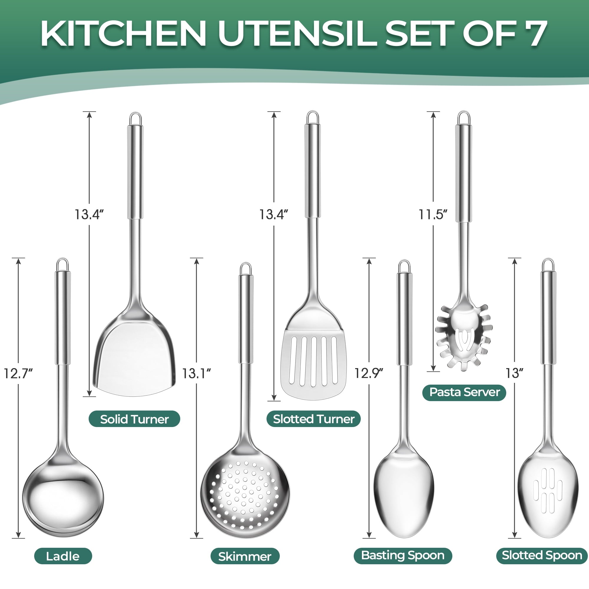Kitchen Utensils Set, 7 PCS Stainless Steel Cooking Tools, Metal Kitchen Tools Set, Heat Resistant & Dishwasher Safe - Image 3