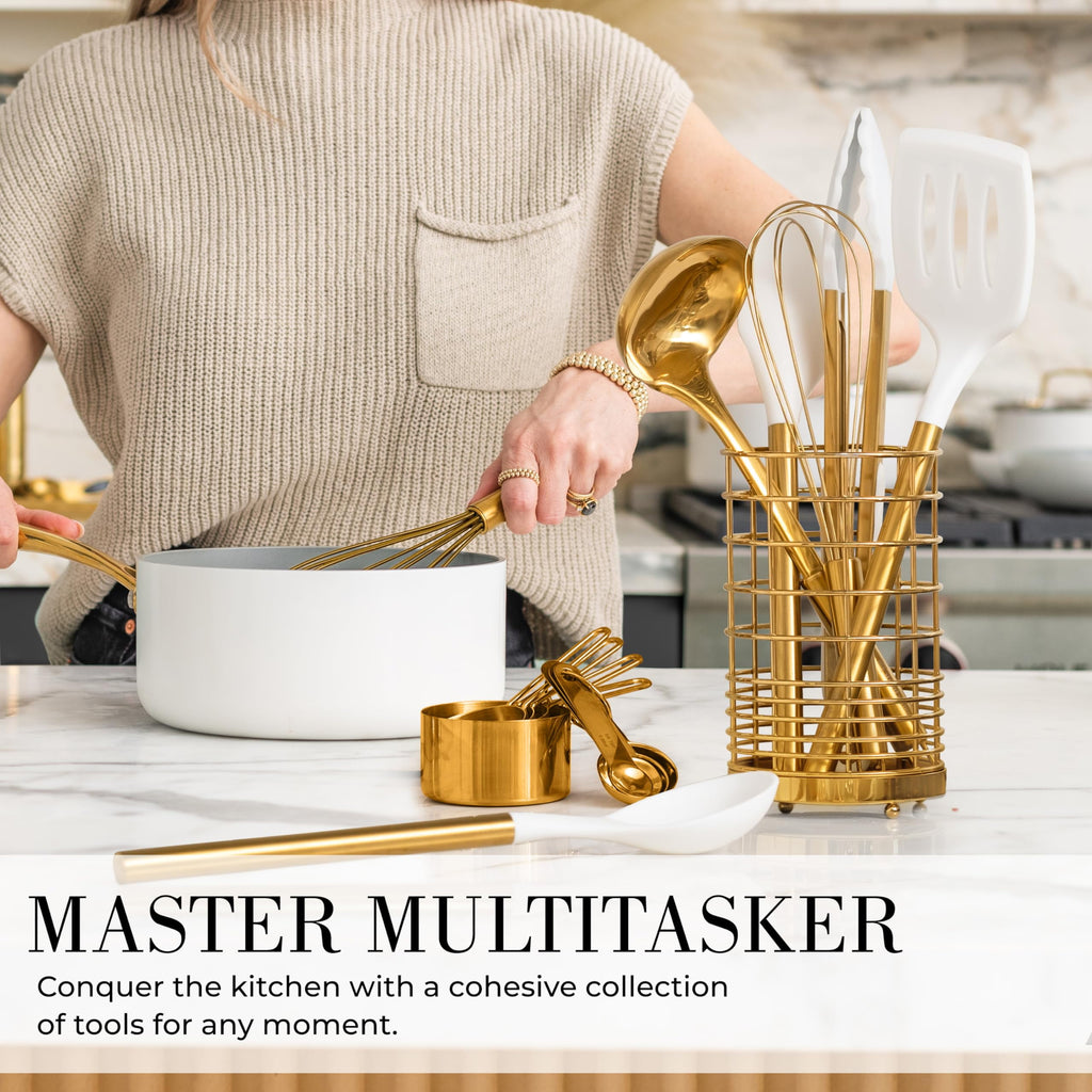 White and Gold Cooking Utensils Set with Holder - 15 PC Set Includes Gold and White Silicone Cooking Utensils Set, Go... - Image 3