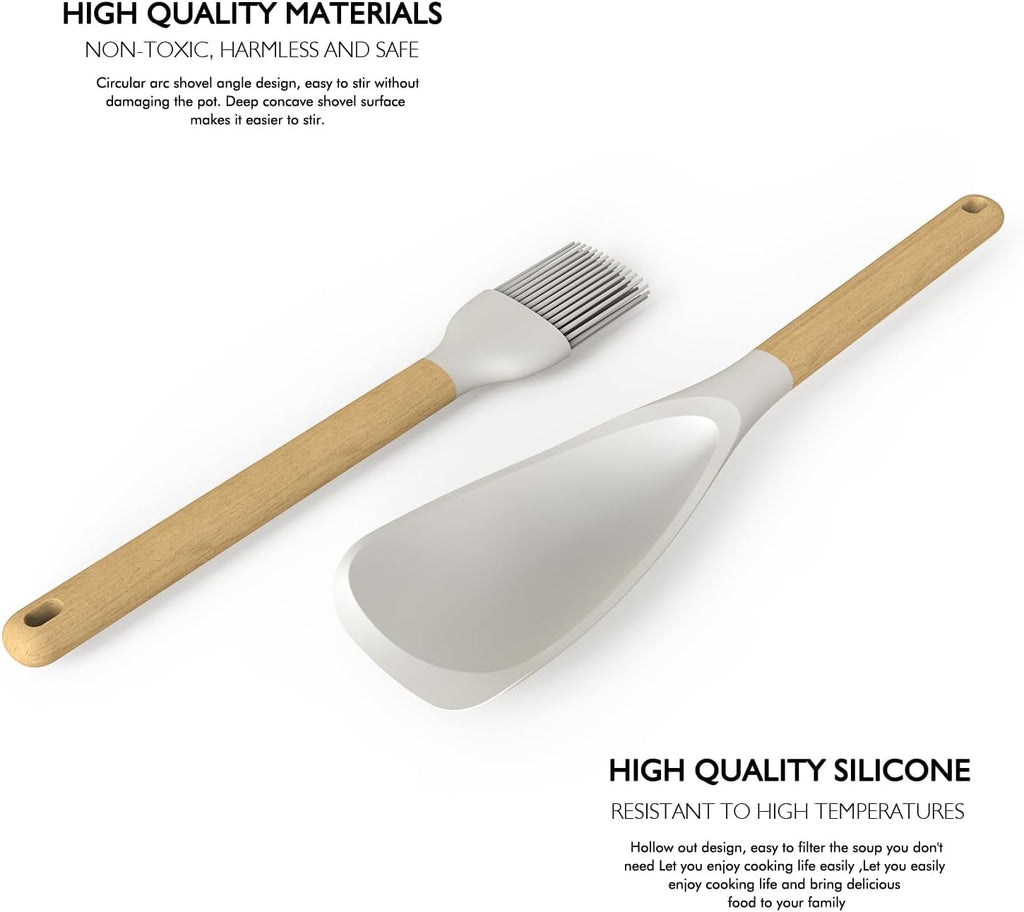 Large Silicone Cooking Utensils Set - Heat Resistant Silicone Kitchen Utensils for Cooking w Wooden Handles, Spatula ... - Image 5