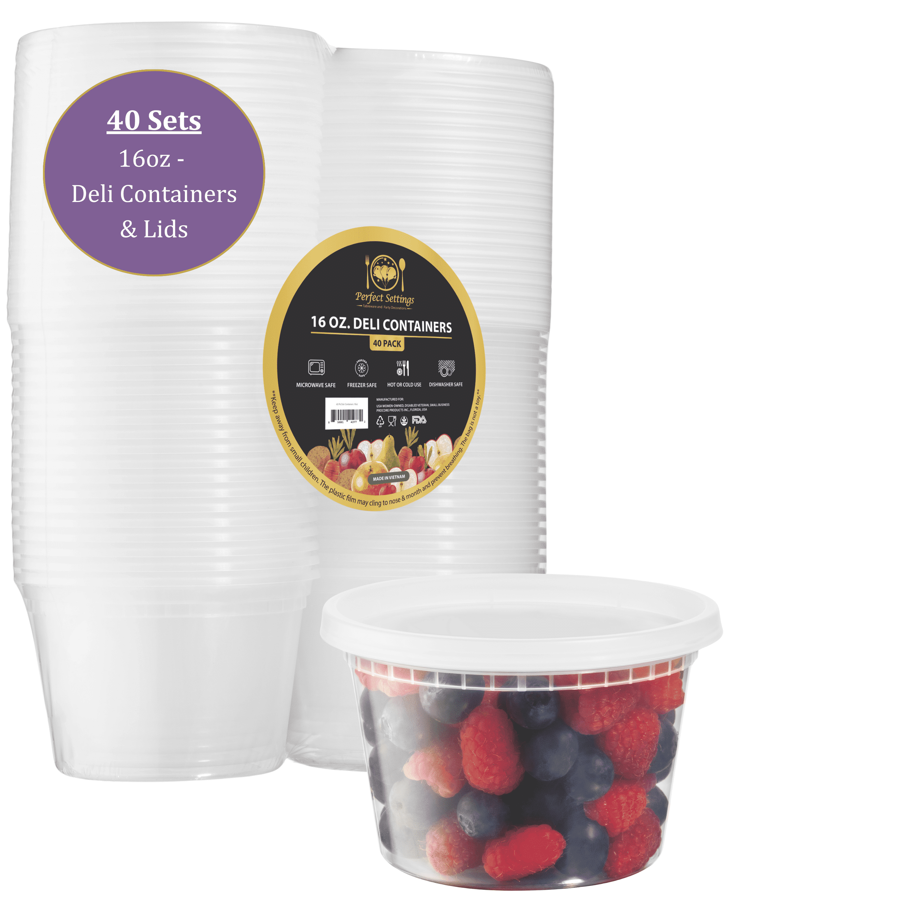 16 oz Deli Food Storage Containers, White Polypropylene, Airtight, Vegetables, 40 Count - Image 2