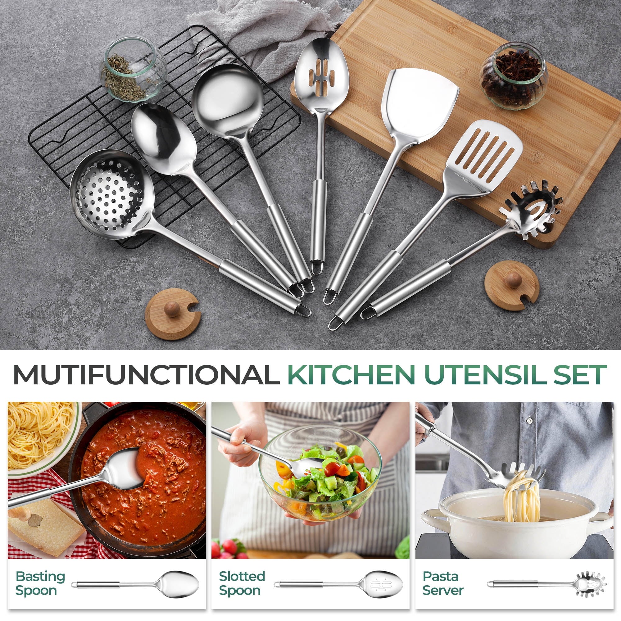 Kitchen Utensils Set, 7 PCS Stainless Steel Cooking Tools, Metal Kitchen Tools Set, Heat Resistant & Dishwasher Safe - Image 4