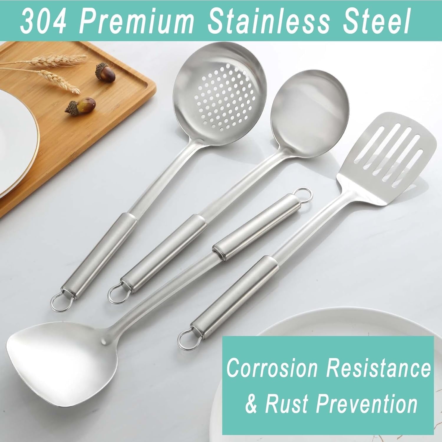 4 Pcs Cooking Utensils Set, 304 Stainless Steel Kitchen Utensils, Include Wok Ladle, Slotted Spoon, Wok Spatula and S... - Image 4