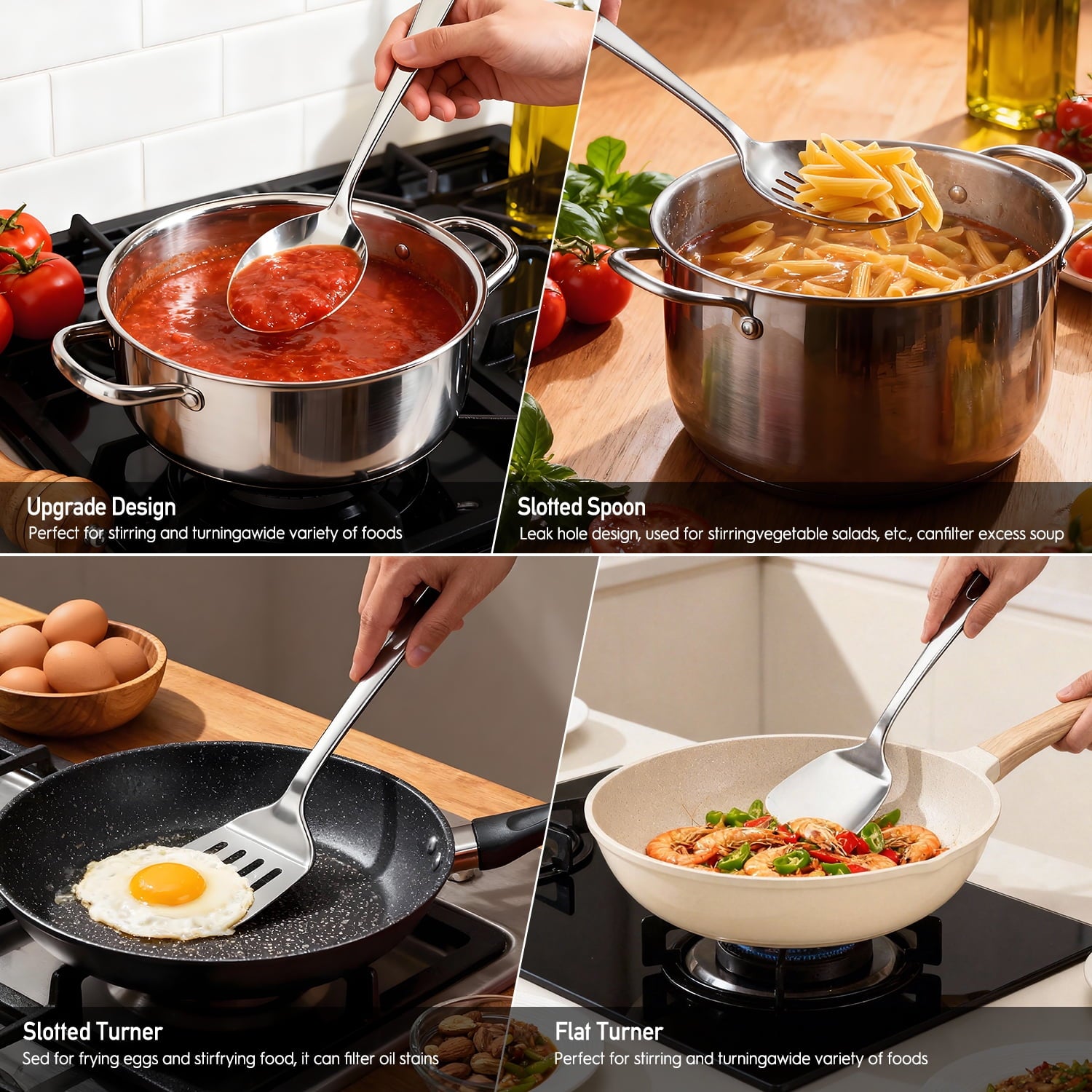 4 Pcs Cooking Utensils Set, Stainless Steel Kitchen Utensils, Kitchen Tools Set Include Solid & Slotted Turner Wok Sp... - Image 4