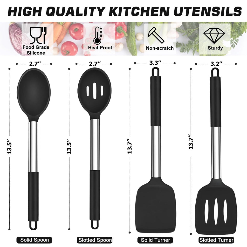 Kitchen Utensils,4 PCS Silicone Cooking Utensils Spatula Spoon Set with Stainless Steel Handle,for Frying Mixing Draining Turning,Healthy & - Image 2