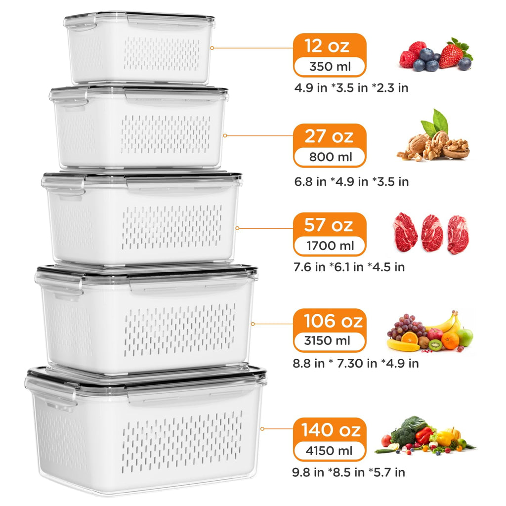 5 Pack Fruit Storage Containers for Fridge with Removable Colanders and Lids, 5 in 1 Leakproof Fridge Organizer Bins ... - Image 3