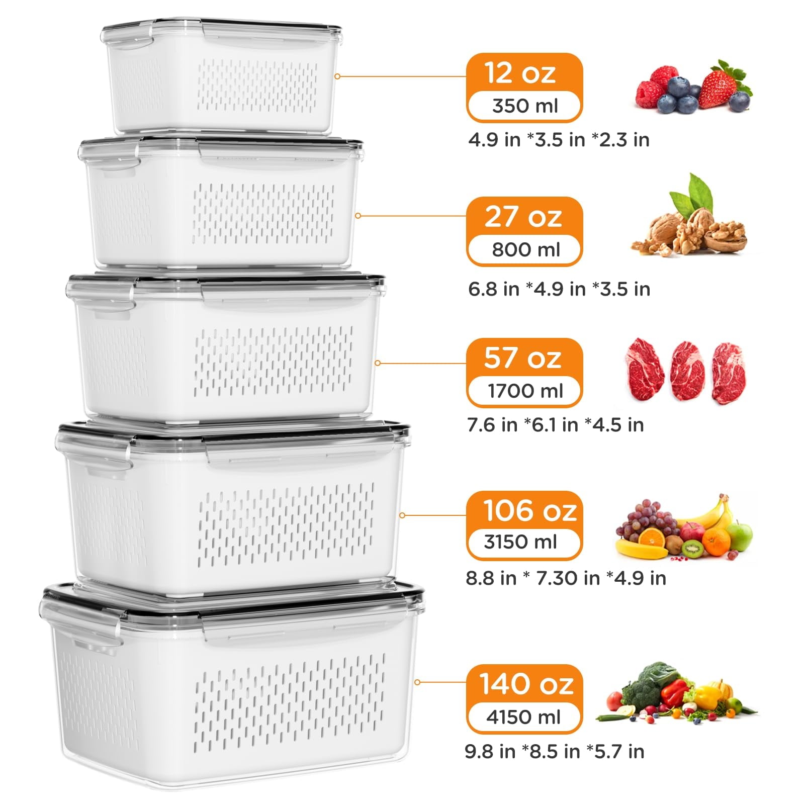 5 Pack Fruit Storage Containers for Fridge with Removable Colanders and Lids, 5 in 1 Leakproof Fridge Organizer Bins ... - Image 3