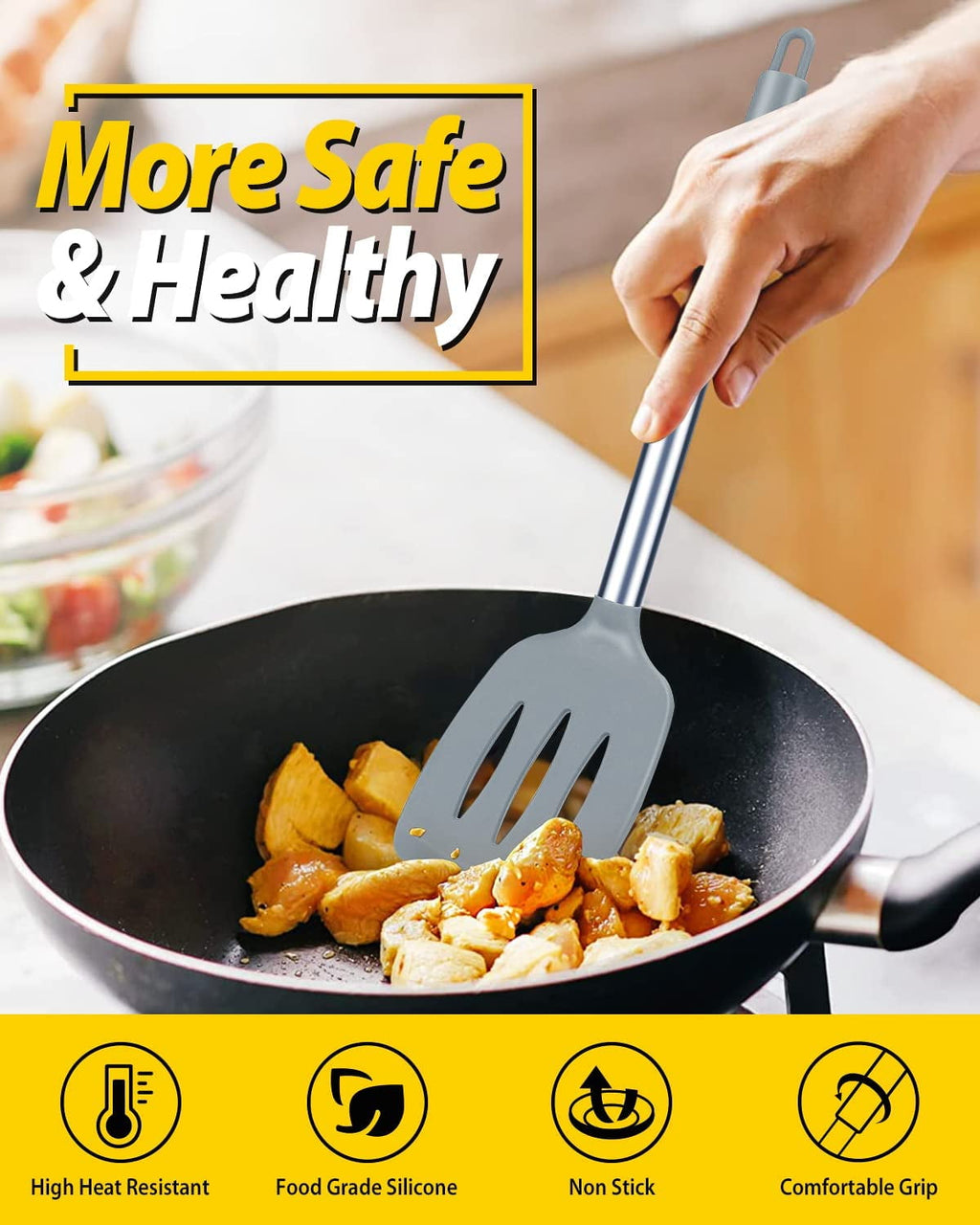 Pack of 2 Silicone Spatulas Turners, Non-Stick Slotted and Solid Kitchen Utensils, Gray - Image 6