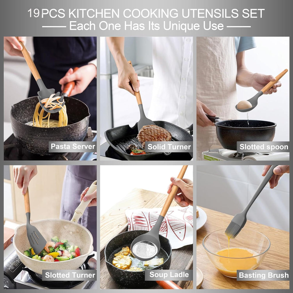 Silicone Cooking Utensils Set, 19Pcs Non-Stick Heat Resistant Kitchen Utensils Spatula Set with Stainless Steel Chef's Knife Set, Cooking, M - Image 6