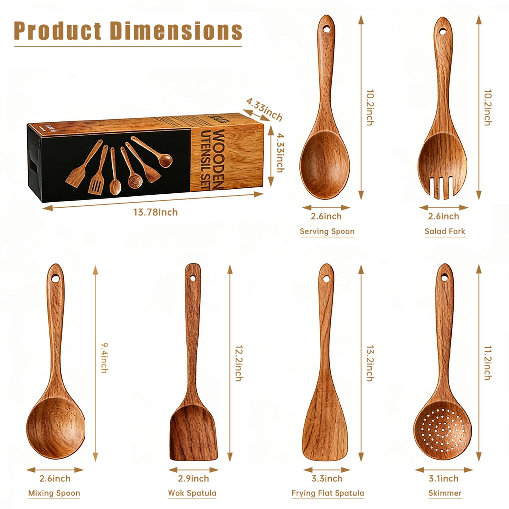 GPED Wooden Spoons for Cooking, 6 PCS Teak Wood Cooking Utensil Set, Wooden Kitchen Utensils for Nonstick Pans & Cookware, Spoons and Spatul - Image 6