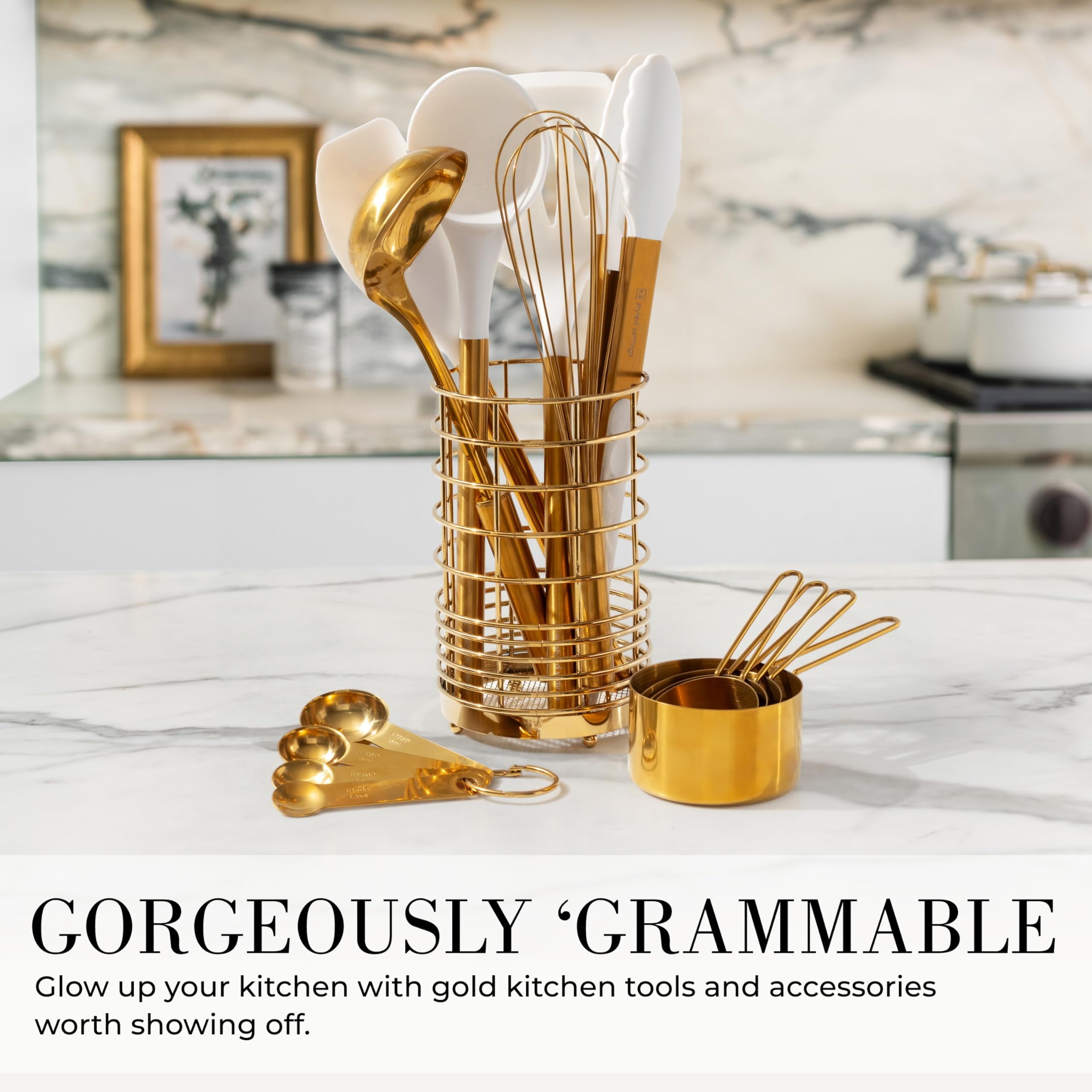 White and Gold Cooking Utensils Set with Holder - 15 PC Set Includes Gold and White Silicone Cooking Utensils Set, Go... - Image 5