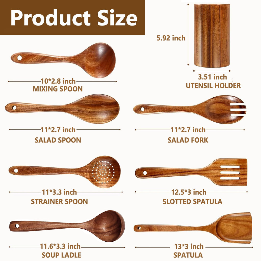 Wooden Spoons for Cooking, 8 Pcs Natural Teak Wooden Utensils Set, Non-Stick & Heat Resistant Durable Wood Kitchen Ut... - Image 5