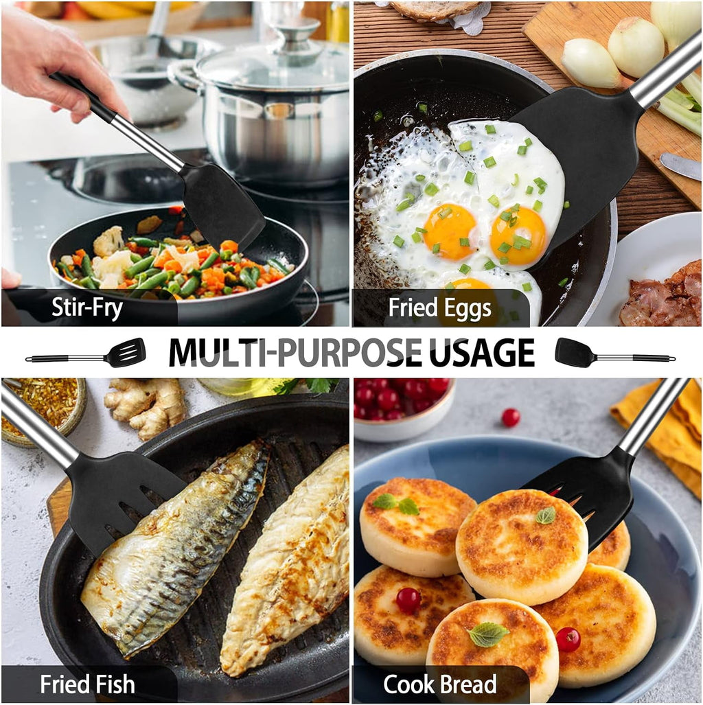Behome 2 Pack Spatulas, Non Stick Turners with Silicone Handle, High Heat Resistant BPA Free Cooking Utensils, for Fish, Eggs, Pancakes(Blac - Image 4