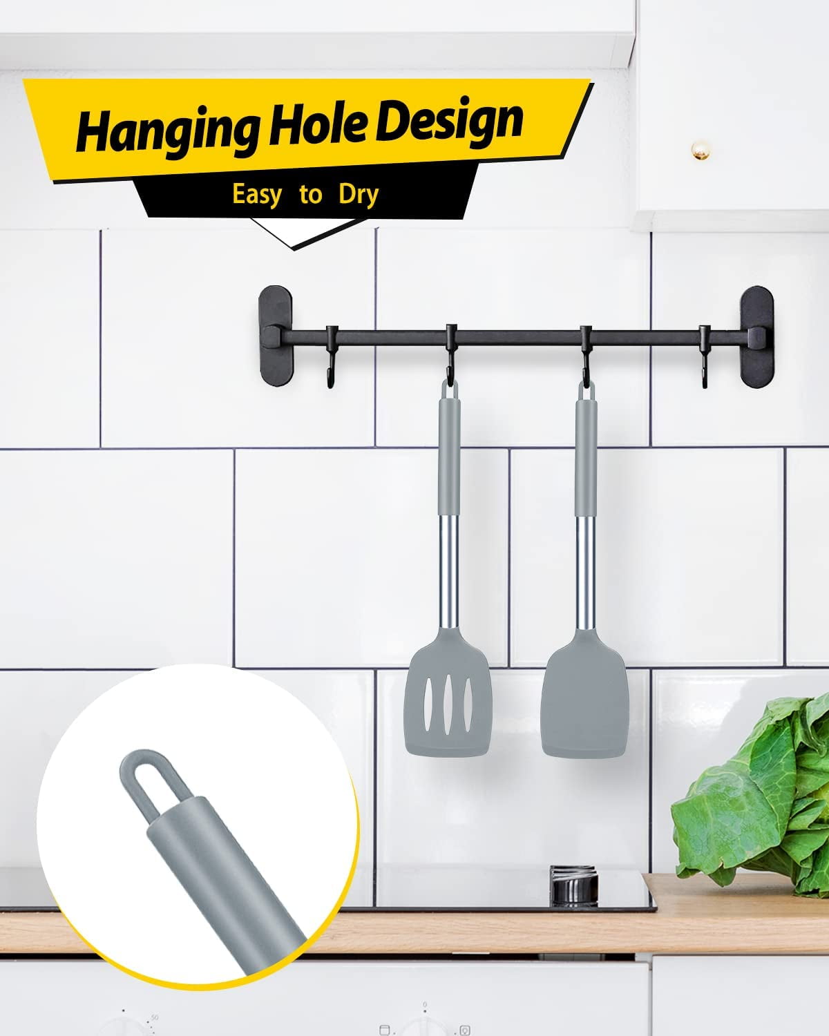 Pack of 2 Silicone Spatulas Turners, Non-Stick Slotted and Solid Kitchen Utensils, Gray - Image 5