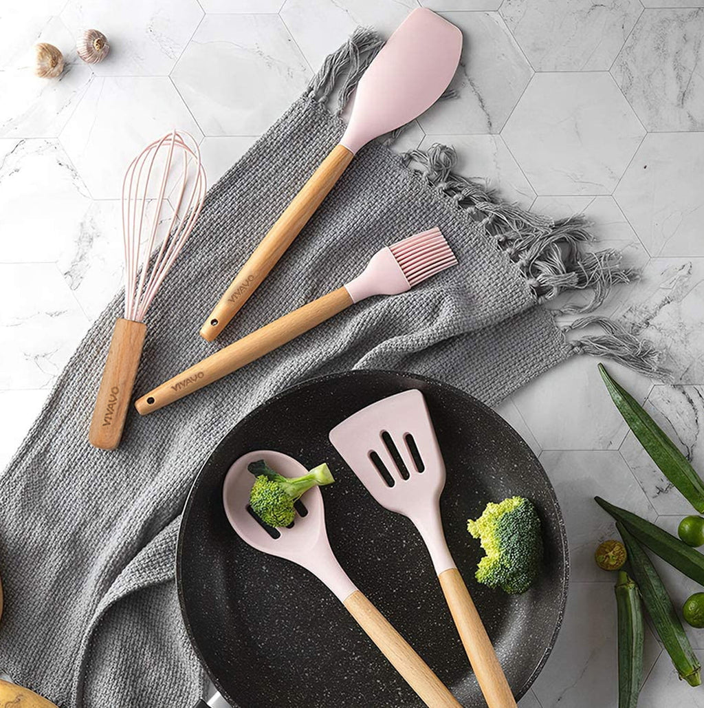 Silicone Cooking Utensil Kitchen Utensils Set, 12 Pieces Silicone Kitchen Utensil Wooden Handles, Kitchen Spatula Set... - Image 5