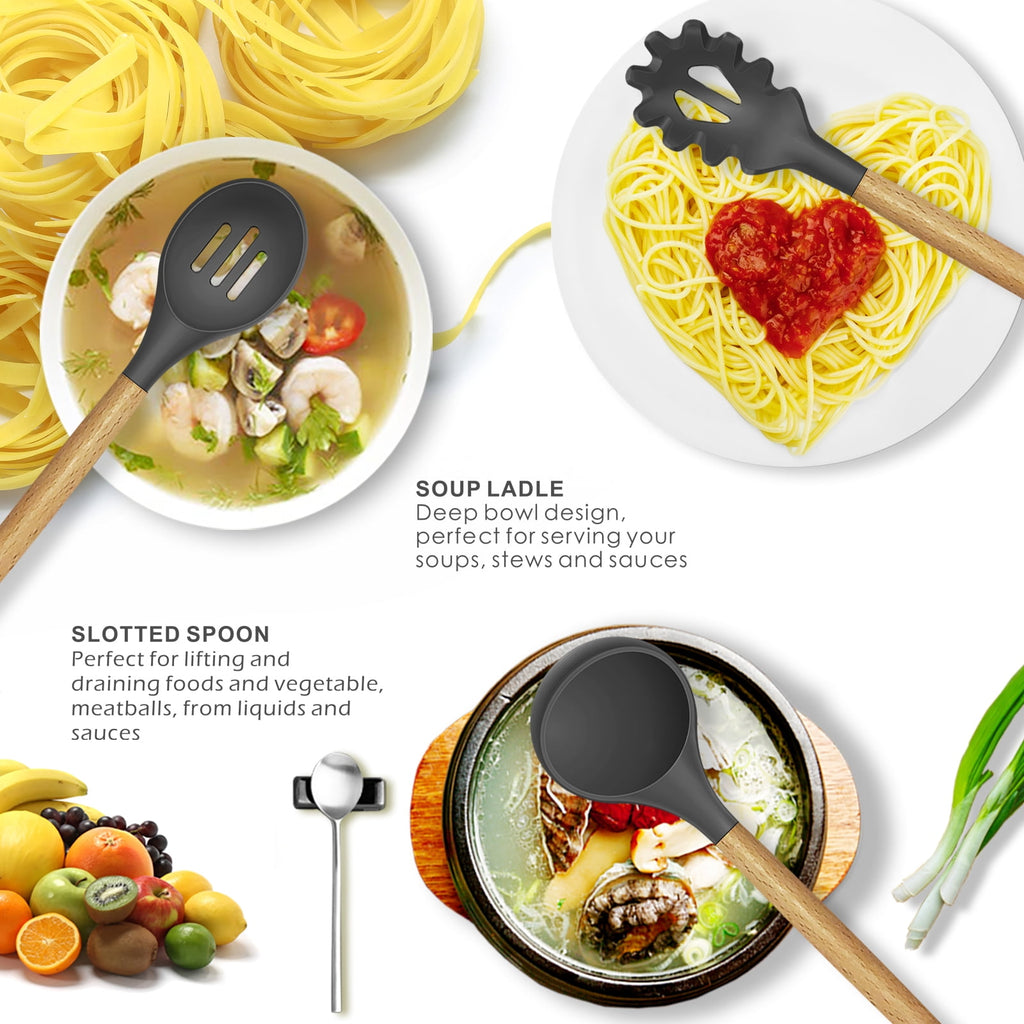 oannao Silicone Cooking Utensils Set - 446°F Heat Resistant Silicone Kitchen Utensils for Cooking,Kitchen Utensil Spatula Set w Wooden Handl - Image 2