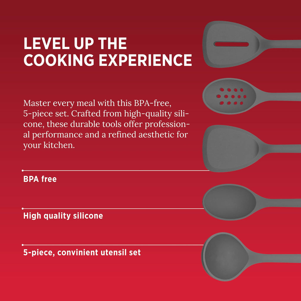 Silicone Kitchen Utensils Set, Heat-Resistant and BPA-Free Cooking Utensils (5 Pieces), Charcoal - Image 5