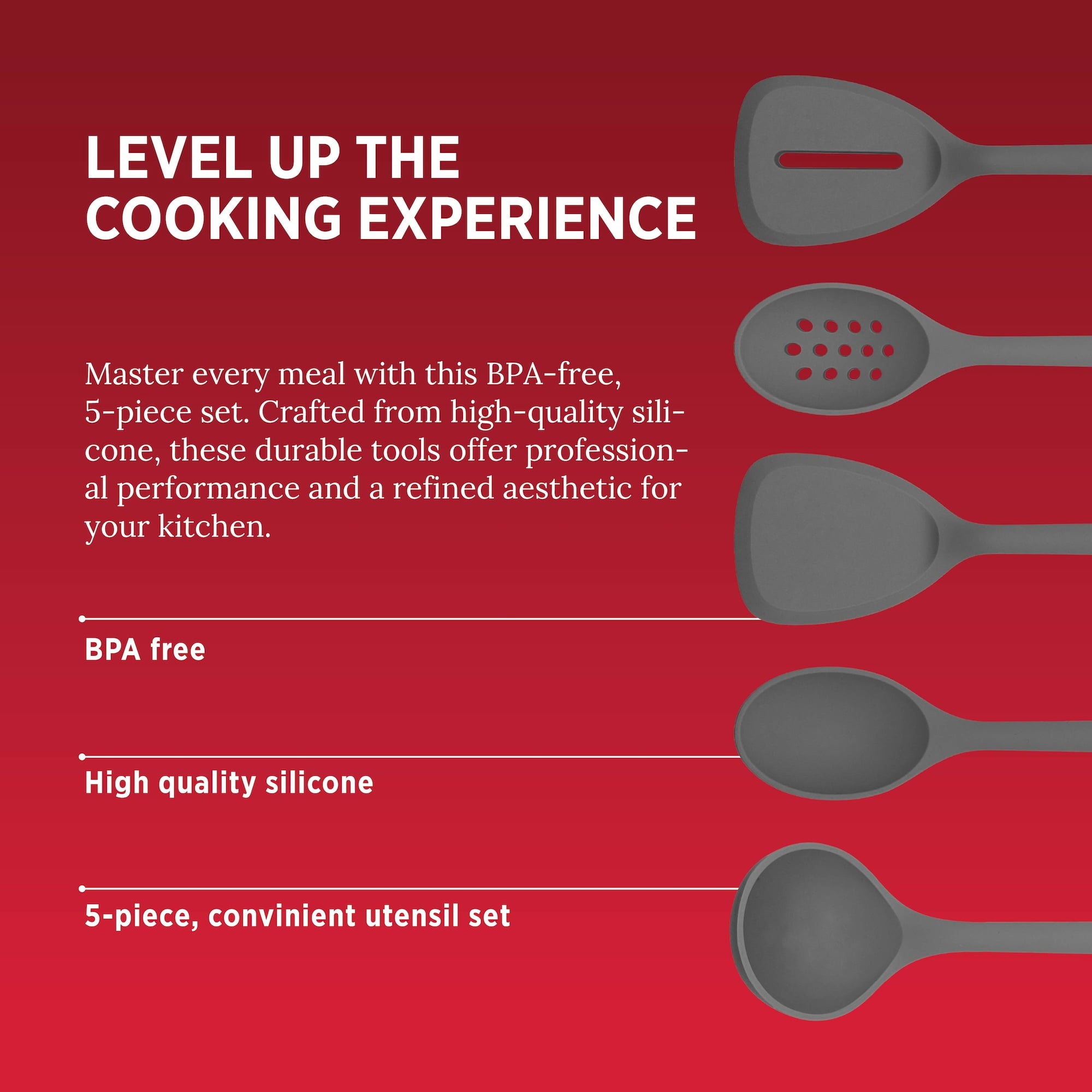 Silicone Kitchen Utensils Set, Heat-Resistant and BPA-Free Cooking Utensils (5 Pieces), Charcoal - Image 5