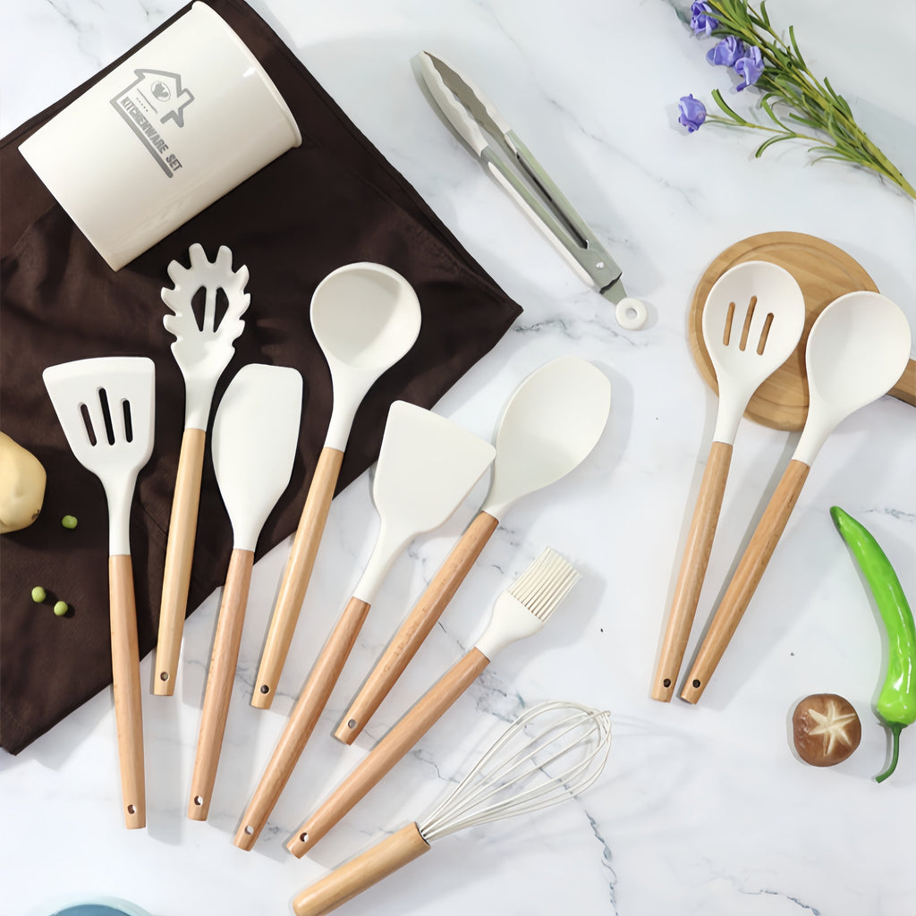 12 Of Silicone Cooking Kitchen Utensils Set, With Stand, Wooden Handle Cooking Tools, Free, Non-Toxic Turner Pliers S... - Image 3