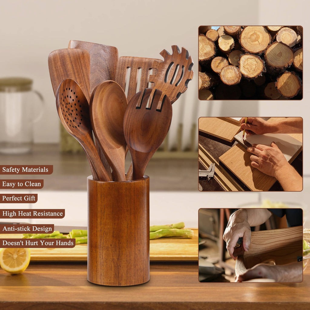 VAVSEA Thick Wooden Spoons for Cooking, 8 Pcs Natural Wooden Utensil for Cooking with Non-Stick, Heat Resistant, Wood Kitchen Utensil Set - Image 3