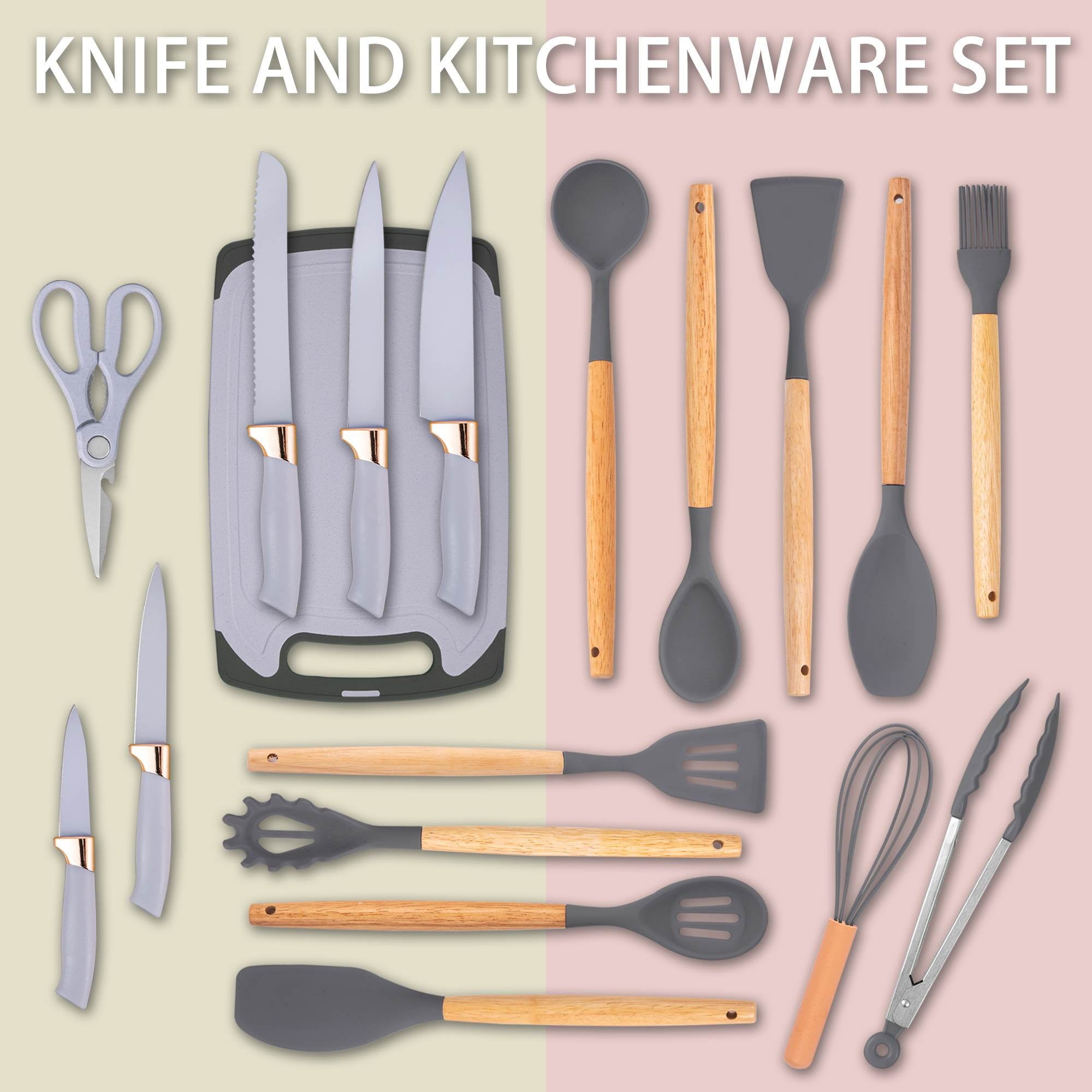 19-Piece Silicone Kitchen Utensil & Knife Set - Heat-Resistant Cooking Tools Non-Stick Safe Gift for Mom or Women Gray - Image 5