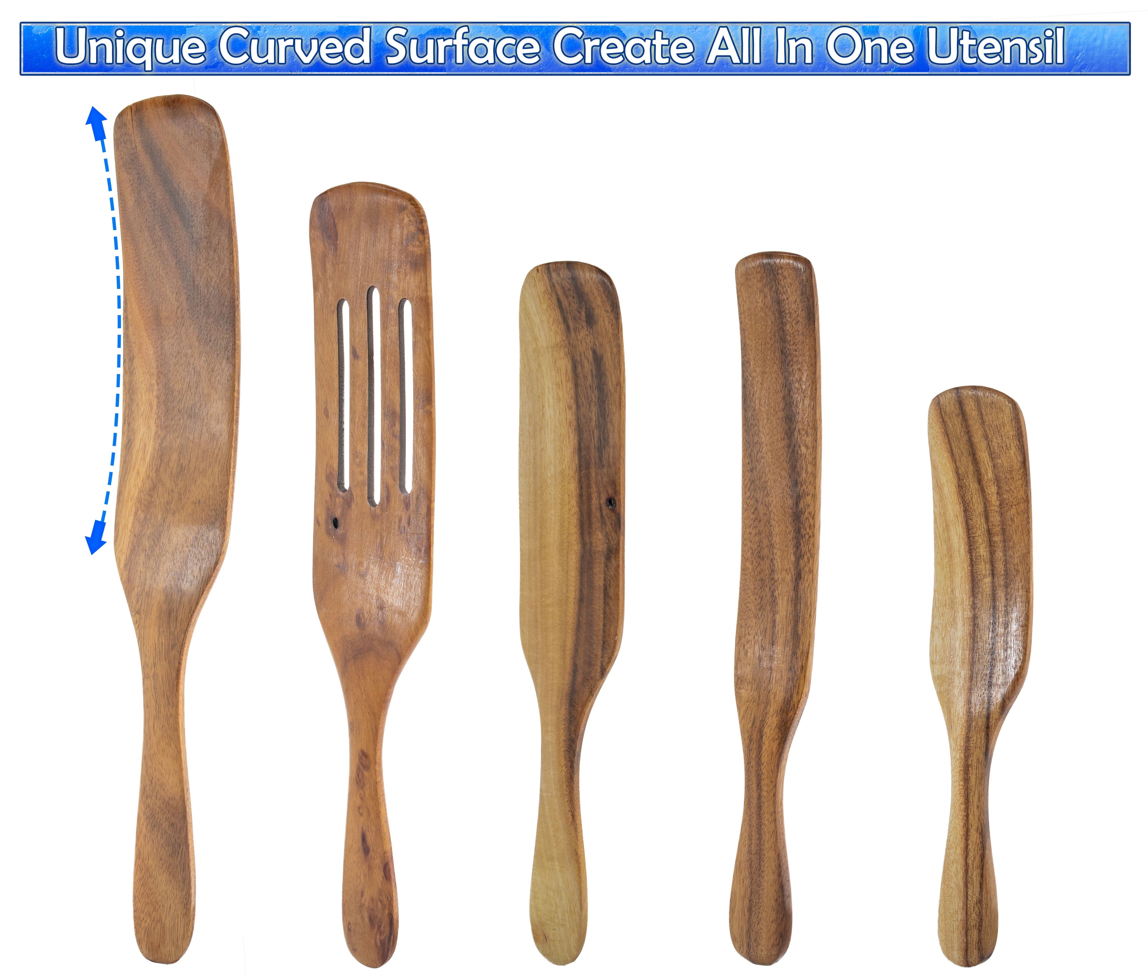 Kitchen Cooking Utensil - Premium Wood 5pc Set - Natural Teak Wood Machine Washable - Non Stick Wooden Cookware - Image 4