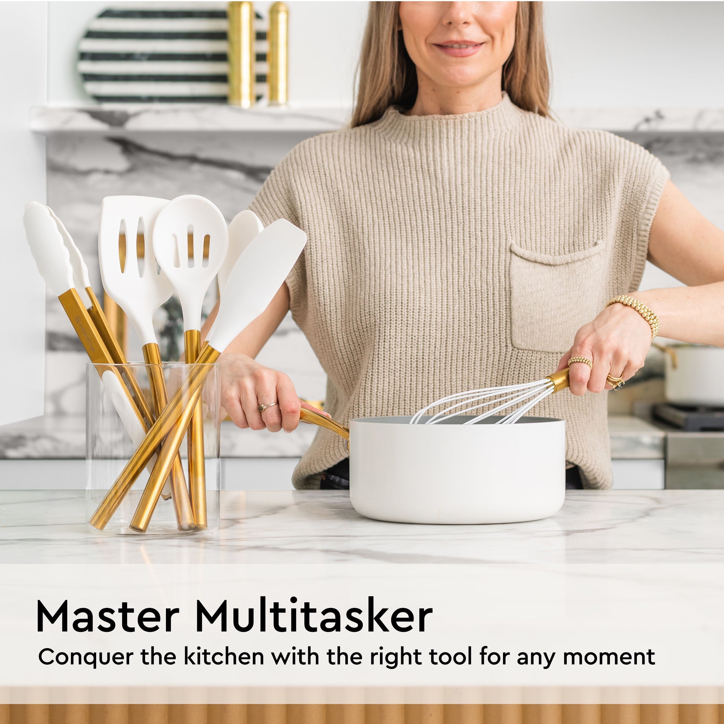 White Silicone and Gold Cooking Utensils Set - Image 3