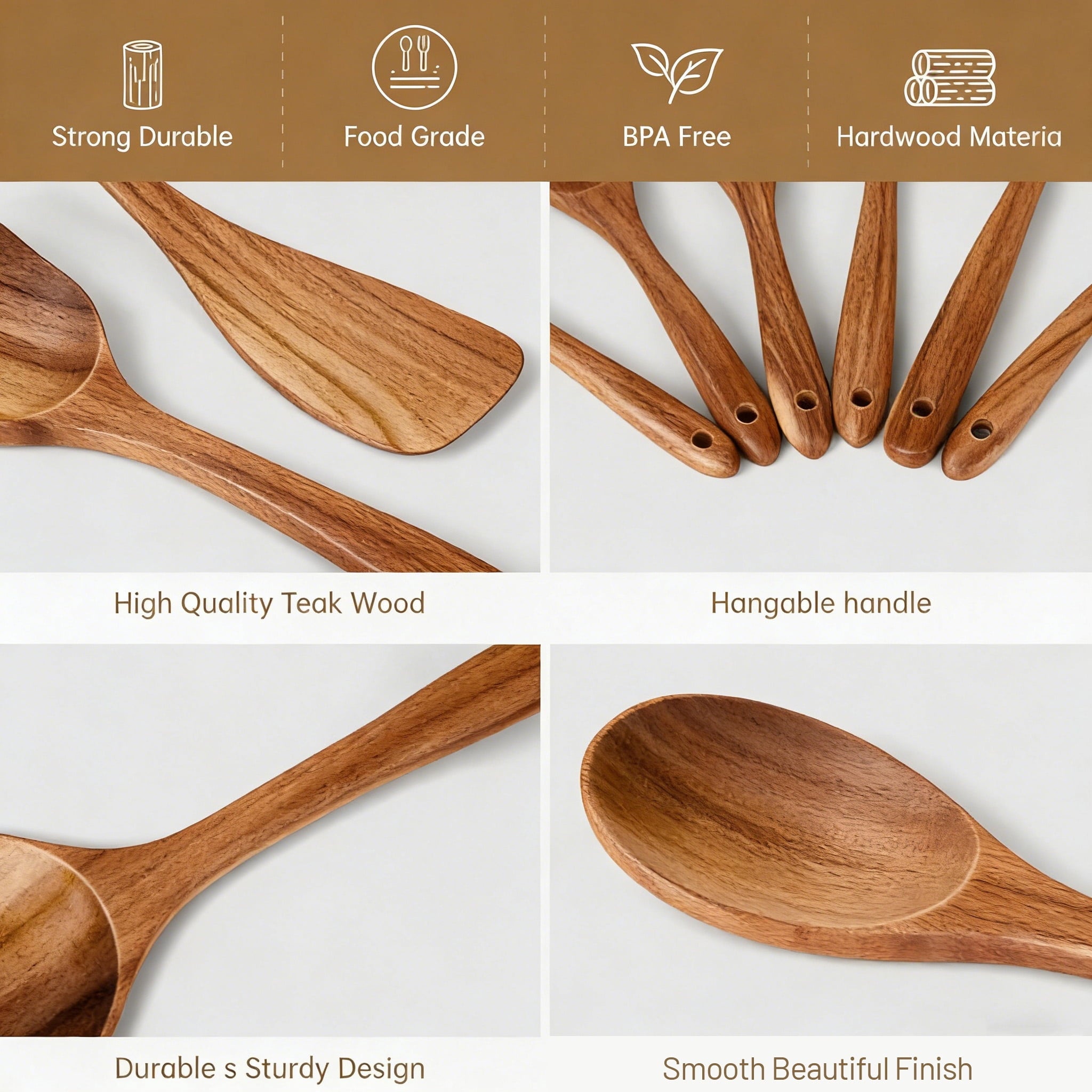 GPED Wooden Spoons for Cooking, 6 PCS Teak Wood Cooking Utensil Set, Wooden Kitchen Utensils for Nonstick Pans & Cookware, Spoons and Spatul - Image 3