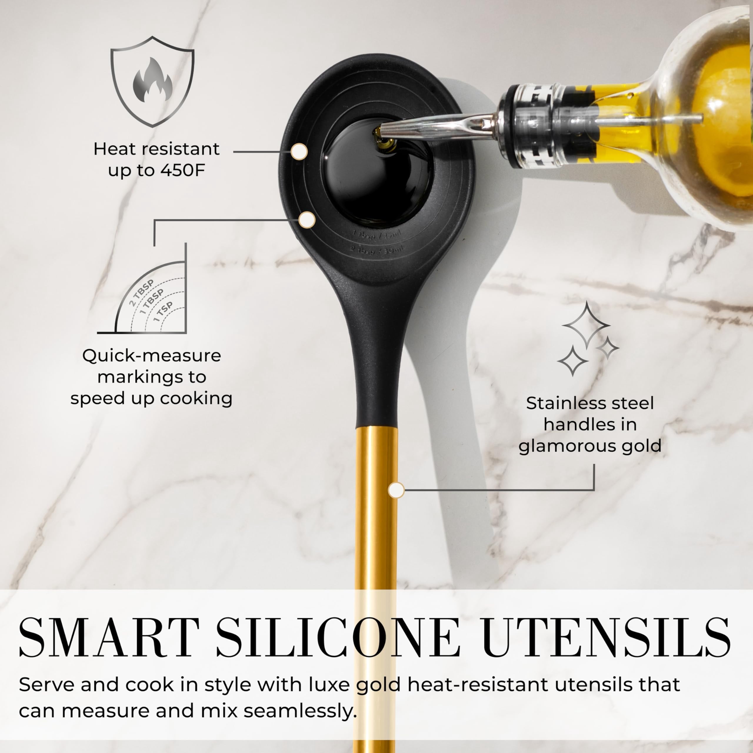 Black and Gold Kitchen Utensils Set - 15 Piece Set Includes Gold and Black Silicone Cooking Utensils with Gold Utensi... - Image 5