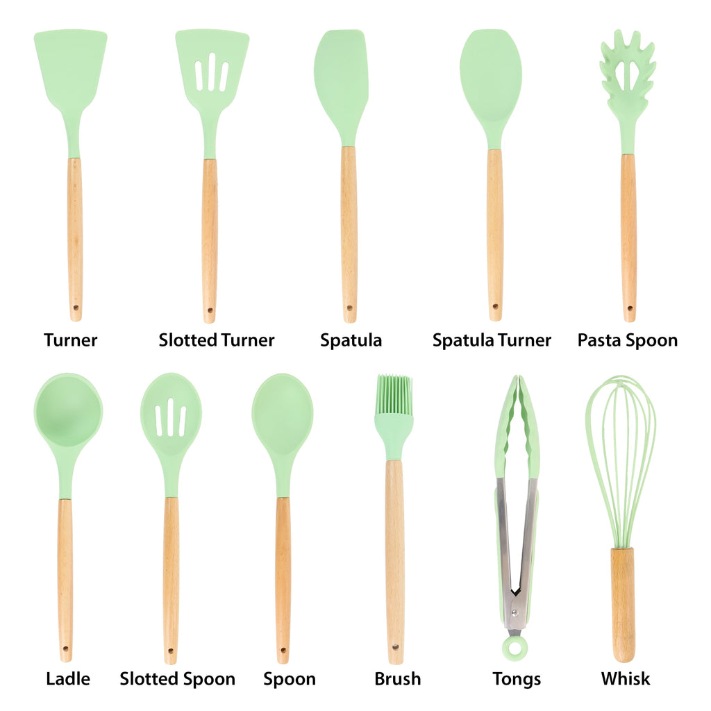 MegaChef Mint Green 12 Piece Silicone and Wood Cooking Utensils - Image 2