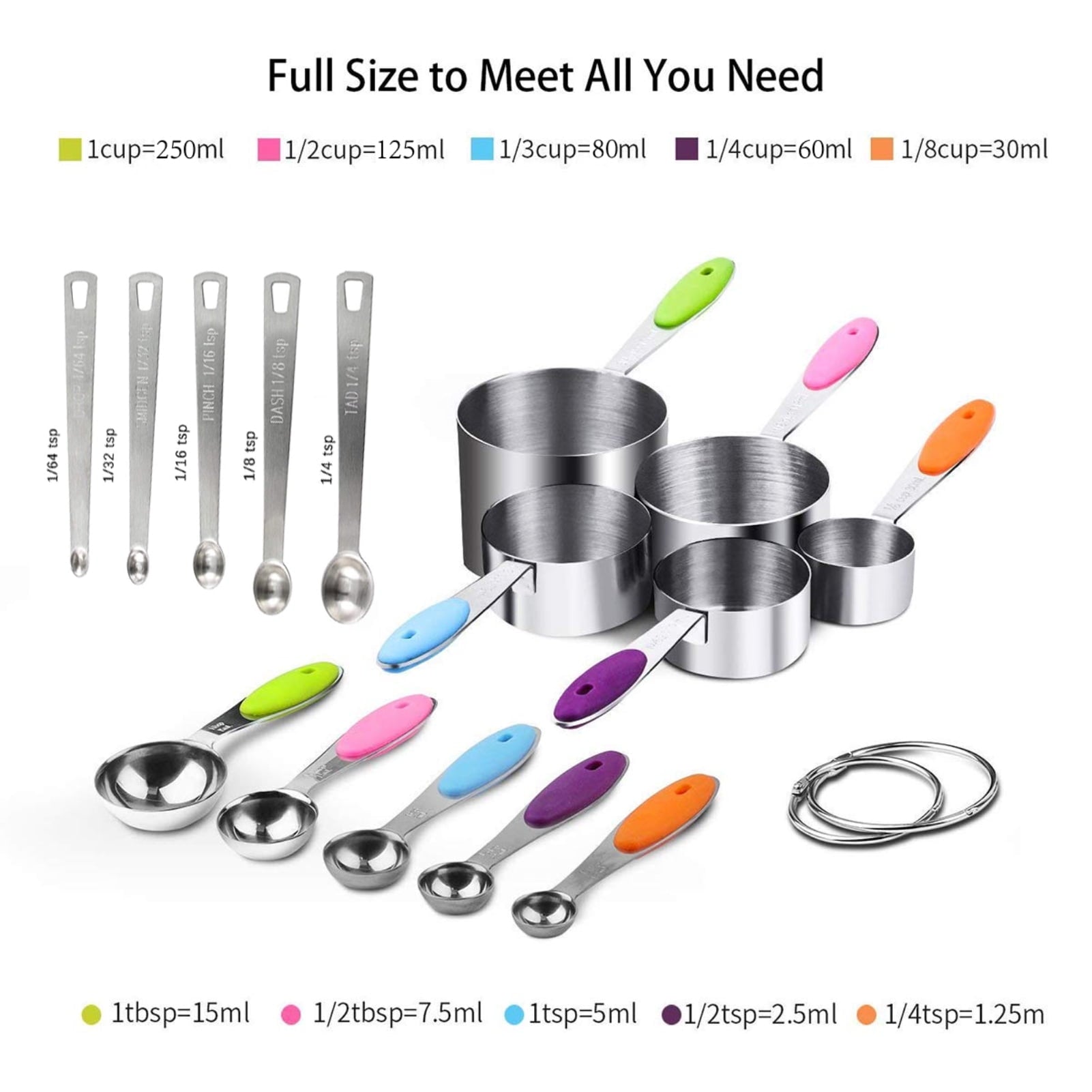 Measuring Cups and Spoons Set of 15, Kitchen Measuring Tool with Colored Silicone Handle, Including 5 Nesting Measuring Cups, 5 Spoons, 5 Mi - Image 4