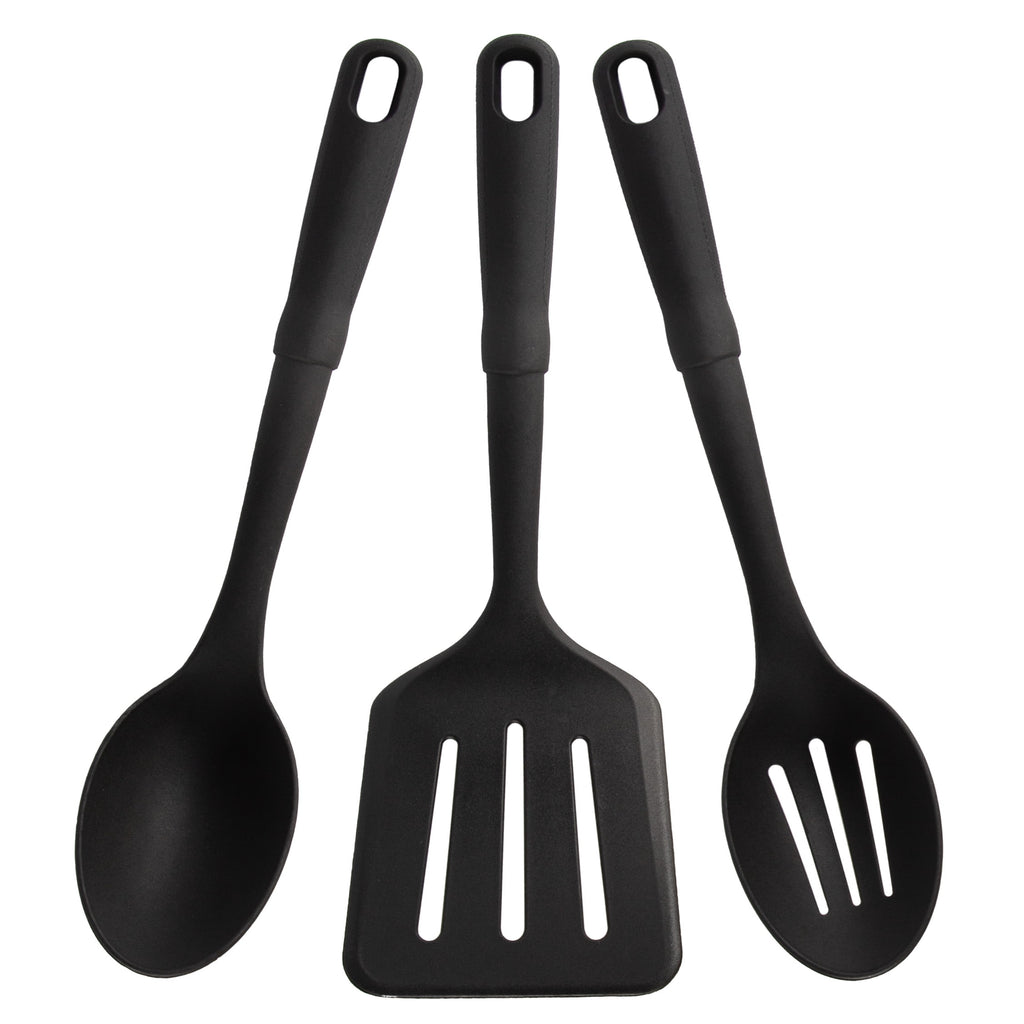 (4 pack) Mainstays 3-Piece Kitchen Utensil Set, Slotted Spatula, Slotted Spoon and Solid Spoon, Black, Nylon - Image 2